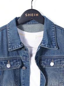 SHEIN 2 件套复古洗水男孩牛仔夹克 + 直筒牛仔裤，青少年服装 - 深色水洗藍 - 查看 3
