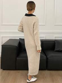 DAZY 女士秋冬拼色翻领长袖直筒宽松休闲毛衣连衣裙 - 杏色 - 查看 8