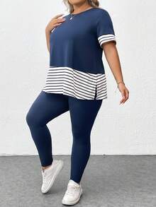 SHEIN CURVE+ Curve Plus Size 2 Cái/bộ Áo thun sọc ngang ngắn tay & quần dài, trang phục thể thao thông thường ở nhà trang phục mùa hè rộng rãi - Xanh và trắng - Xem 7