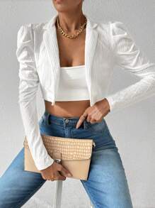 Selianne Chaqueta corta blanca de moda con mangas gigote acolchadas, texturizadas y de apertura frontal - Blanco - Ver 4