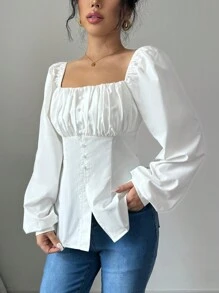 Chiquease New Arrival French Style Square Collar Pleated Keyhole Front Slit Blouse - White - View 6