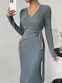 Modelyn Women's Solid Color Textured Surplice Wrap Side Fish-Tail Hem Dress - Blue - View 6