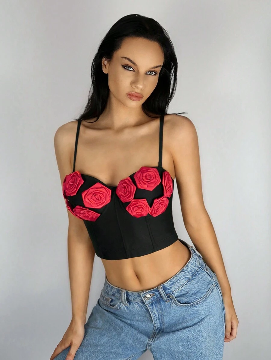SHEIN LUNE Contrast Color Floral Applique Camisole To Be Worn As Outerwear - Black - View 1