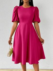 Lyxana Vestido para mujer con mangas abullonadas y cintura entallada para primavera y verano