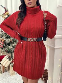 SHEIN LUNE Plus Size Women's Casual Cable Knit Loose High Collar Drop Shoulder Sleeve Festive Christmas Party Gathering Red Sweater Dressbusiness Casual Woman,Holiday Outfits,Country Tops, For Winter - Red - View 4