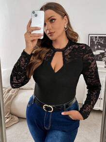 SHEIN Frenchy Plus Size Women's Spring Autumn Contrast Lace Keyhole Neck Long Sleeve Slim Elegant T-Shirt
