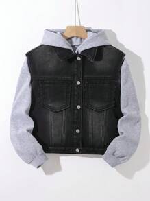 SHEIN 青少年男孩时尚休闲黑色牛仔布内衬，更加保暖，羊毛内衬无袖牛仔背心，适合日常穿着和秋冬季儿童服装 - 黑色 - 查看 1