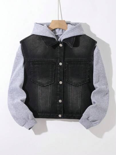 SHEIN Tween Boy Fashion Casual Black Denim Lined For Added WarmthFleece-Lined Sleeveless Denim Vest For Dailywear And Fall/Winter Kids Clothes