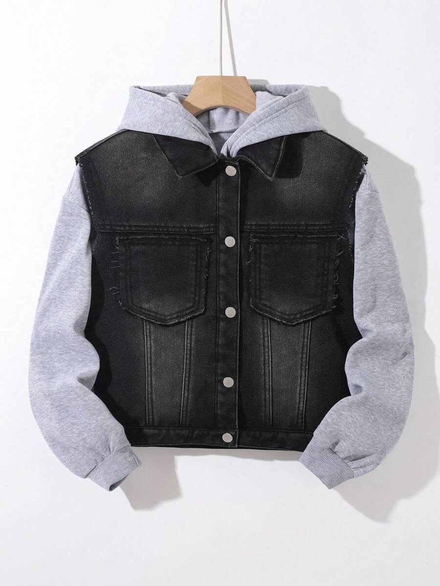 SHEIN 青少年男孩时尚休闲黑色牛仔布内衬，更加保暖，羊毛内衬无袖牛仔背心，适合日常穿着和秋冬季儿童服装 - 黑色 - 查看 1