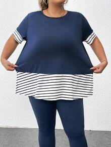 SHEIN CURVE+ Curve Plus Size 2 Cái/bộ Áo thun sọc ngang ngắn tay & quần dài, trang phục thể thao thông thường ở nhà trang phục mùa hè rộng rãi - Xanh và trắng - Xem 8