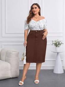 EMERY ROSE Plus Size Casual Solid Color Straight Stretch Denim Skirt - Coffee Brown - View 3