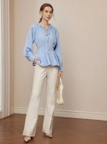 MOTF PREMIUM FRILL TIE NECK LANTERN SLEEVE FOLD PLEATED PEPLUM TOP - Blue - View 6