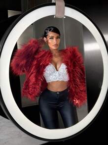 SHEIN SXY Áo khoác lông dài tay sang trọng màu trơn cho mùa đông - Màu Đỏ Sâu - Xem 4