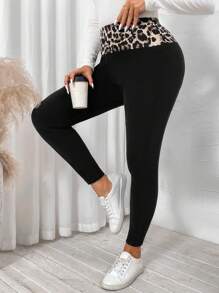 SHEIN LUNE Plus Size Women Leopard Patchwork Fleece Leggings Airport Holiday - Black - View 6
