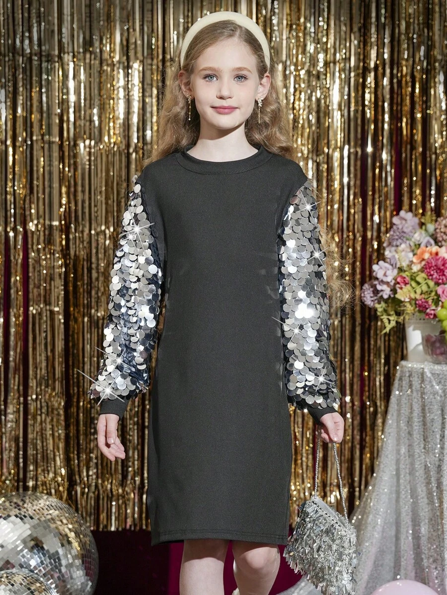 SHEIN Tween Girls Sequin Decor Long Sleeve Dress - Black - View 1