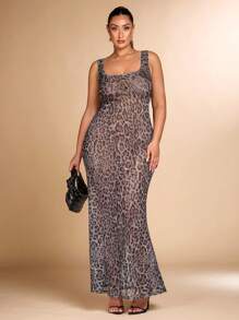 SHEIN BAE Vestido con estampado de leopardo transparente, elegante, para fiesta y vacaciones, sexy, para mujer de talla grande - Gris - Ver 5