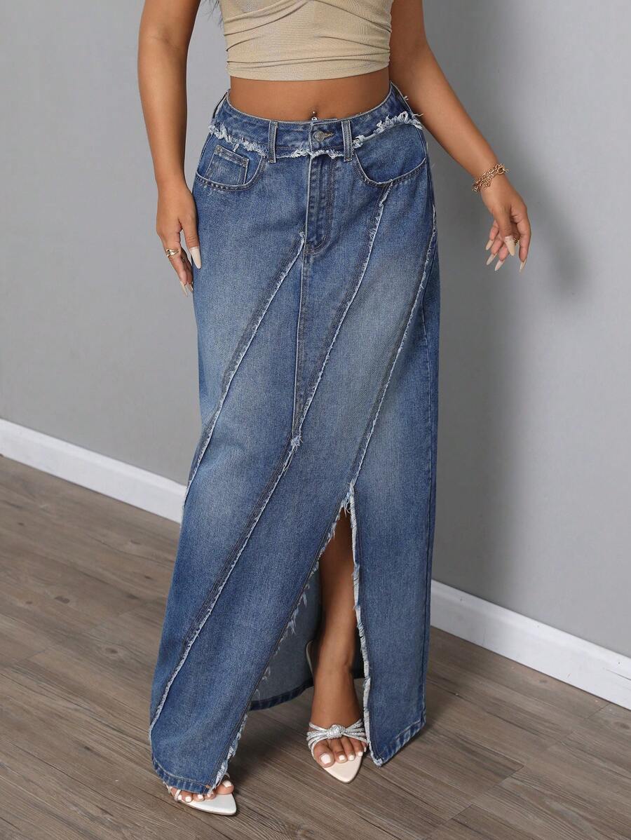 SHEIN SXY Váy chữ A denim xẻ tà tua rua đơn giản cho nữ - Màu xanh lam - Xem 1