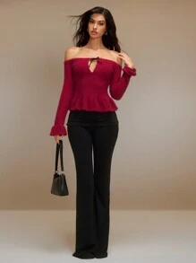 SHEIN Unity Bluză la modă pentru femei, cu mâneci lungi, cu umăr dezactivat, cu mânecă lungă, cu volană, primăvară/toamnă, ținute de Crăciun, top peplum, topuri roșii pentru femei, pulover cu umăr dezactivat