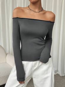 SHEIN EZwear 1 件女式露肩休闲长袖 T 恤，深灰色 - 灰色 - 查看 1