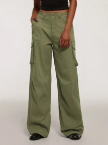 Forever 21 Fall&Winter Women Green Baggy Low Rise Solid Color Cargo Style Pants - Army Green - View 6