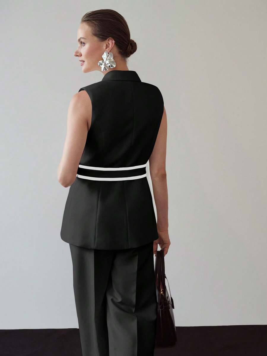 MOTF PREMIUM CONTRAST PIPING PEAK COLLAR BELTED WAISTCOAT SHEIN UK