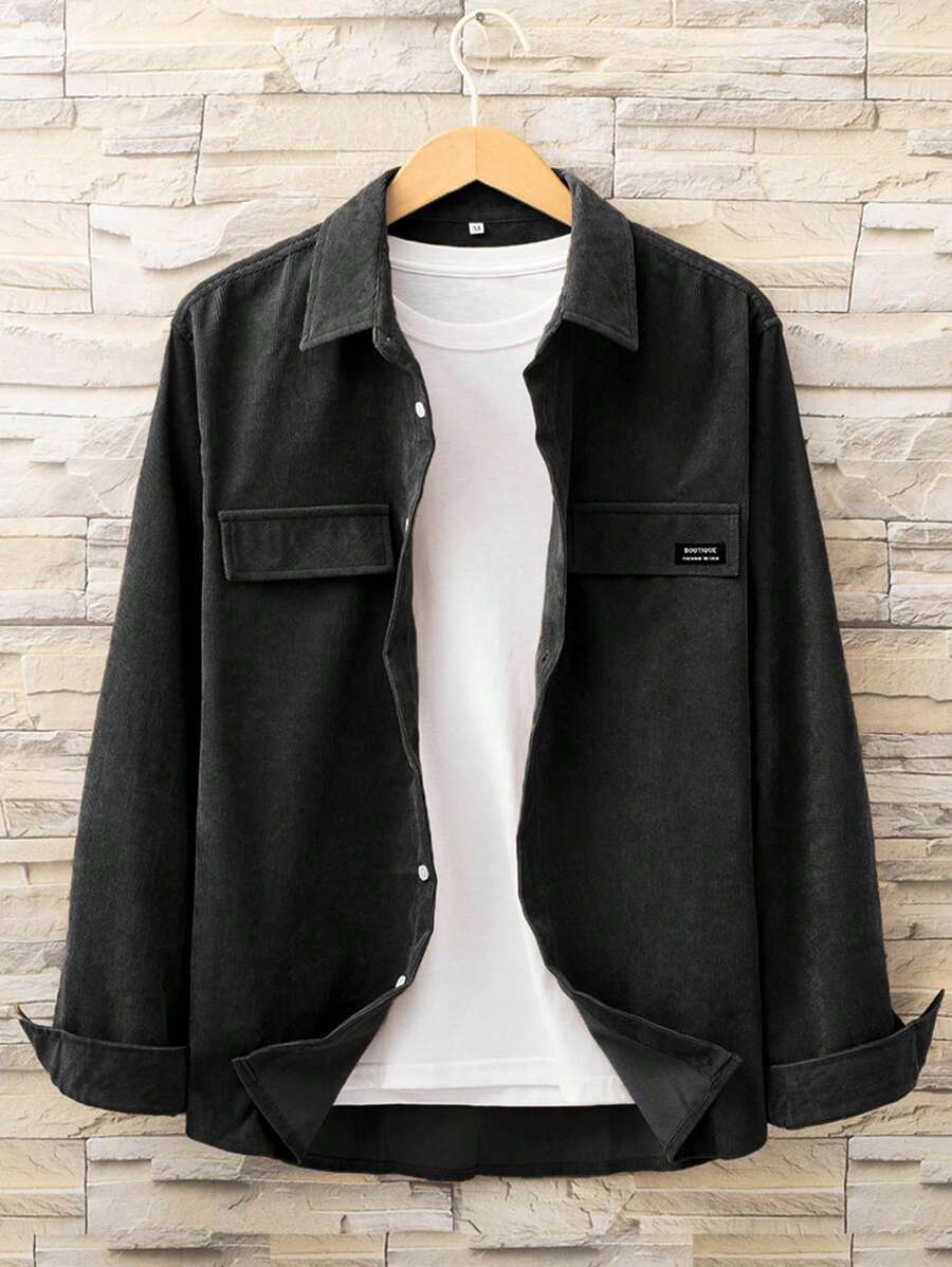 Manfinity Homme 男士休闲字母印花宽松长袖衬衫，春秋冬款 - 黑色 - 查看 1