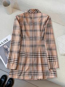 SHEIN Clasi 女式双排扣格子西装外套，秋季带口袋 - 卡其色 - 查看 2