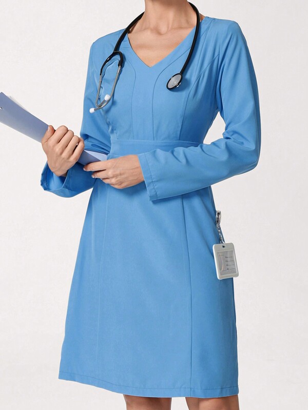 TaskEZ Women's V-Neck Long Sleeve Solid Color Uniform Double Pocket Dress, Pet Hospital Dental Cleaning Uniform Nurse Dress
