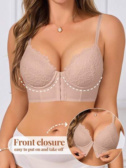 Sexy Romantic Casual Comfortable Front Closure Lace Bra With Lift And Gather Design, Anti-Sagging, Cups Adjustment, 1pc Set