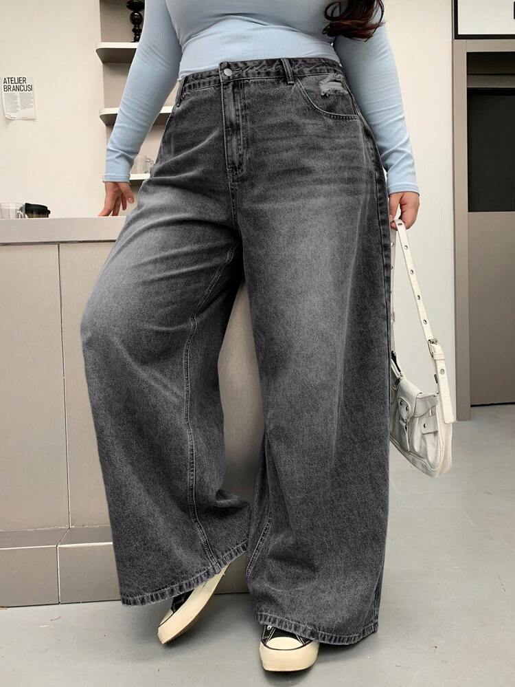 Dazy Plus Plus Size Women's Distressed Washed Wide Leg Boyfriend Jeans,Baggy Jeans
