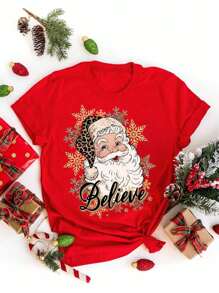 Flirla Plus Size Christmas Santa Claus Printed Crew Neck Short Sleeve T-Shirt For New Year Clothes Graphic Tees Women Tops