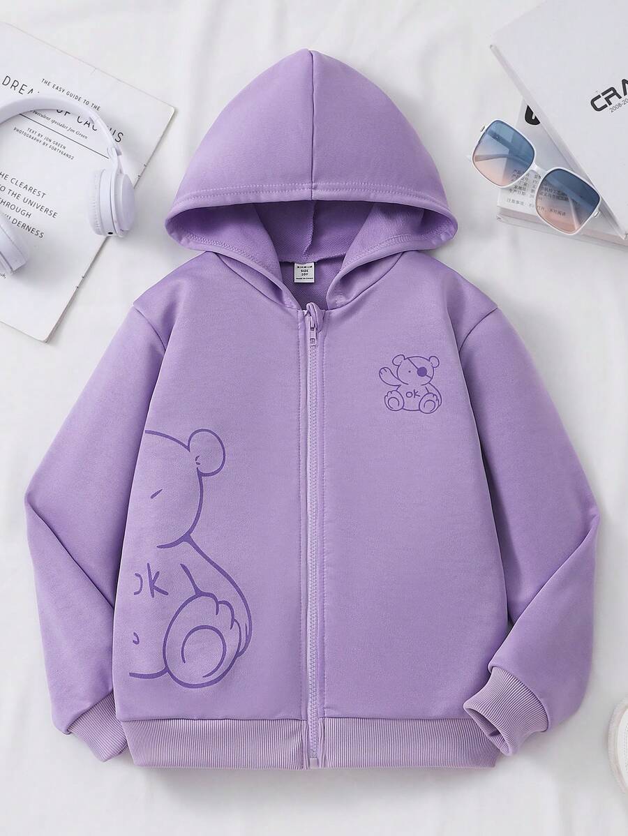 Sparklyn Tween Girl Solid Bear Print Hooded Sweatshirt - Purple - View 1