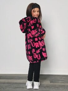 Tween Girls Y2K Style Letter Printed Reversible Fleece Jacket - Black - View 2