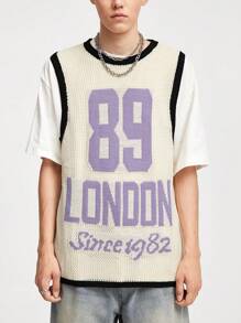 ROMWE MEN Prep Herren Pullunder mit Kontrastfarbe und Buchstaben- und Zahlen Muster, Frühling Herbst