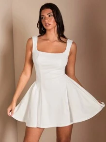 SHEIN BAE 女士白色可爱甜美优雅无袖露肩纯色荷叶边 A 字裙，适合舞会、生日派对、节日 - 白色 - 查看 6