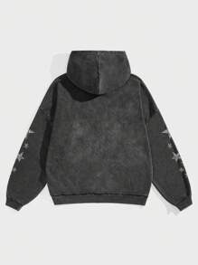 Manfinity EMRG Men's Oversized Street-Style Vintage High Street Black And White Hip-Hop Portrait Pink Graffiti Ink Dot Star Black Snow-Washed Hooded Sweatshirt. - Black - View 4