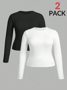 CovetEZ 2 件套大码简约圆领长袖 T 恤套装，初秋 - 黑與白 - 查看 1