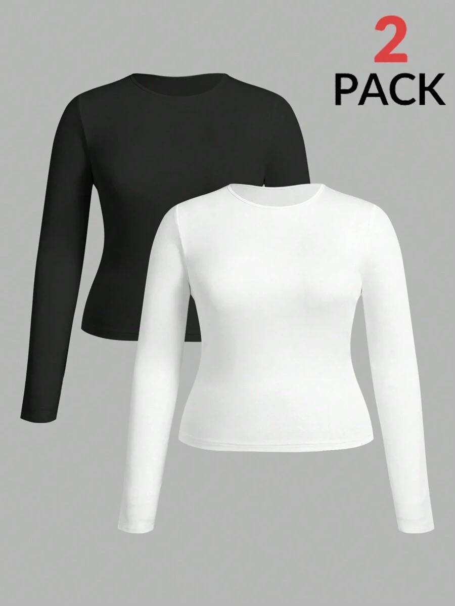 CovetEZ 2 件套大码简约圆领长袖 T 恤套装，初秋 - 黑與白 - 查看 1