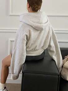 DAZY 女式纯色落肩长袖连帽拉链短款羊毛运动衫，适合秋冬夹克