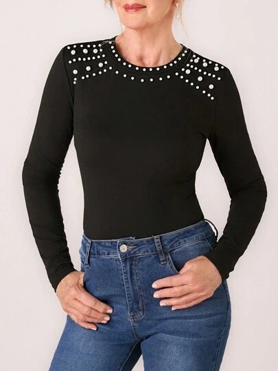 SHEIN LUNE 秋季女士休闲优雅长袖 T 恤配珍珠装饰