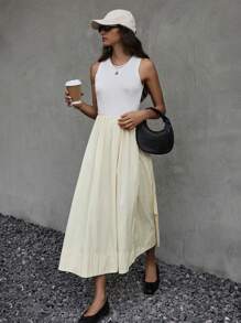 SHEIN Frenchy Chân váy chữ A tối giản màu trơn cho nữ, mặc thường ngày - Màu be - Xem 7