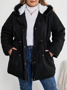 SHEIN CURVE+ Abrigo acolchado con capucha de color sólido y cordón a la cintura, talla grande, para invierno