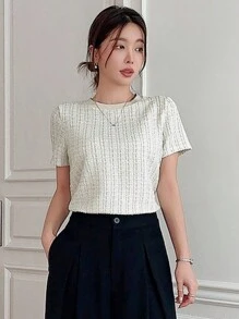 Dazy Star Camiseta casual de mujer de unicolor con cuello redondo y manga corta - Blanco - Ver 2