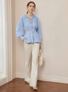 MOTF PREMIUM FRILL TIE NECK LANTERN SLEEVE FOLD PLEATED PEPLUM TOP - Blue - View 11