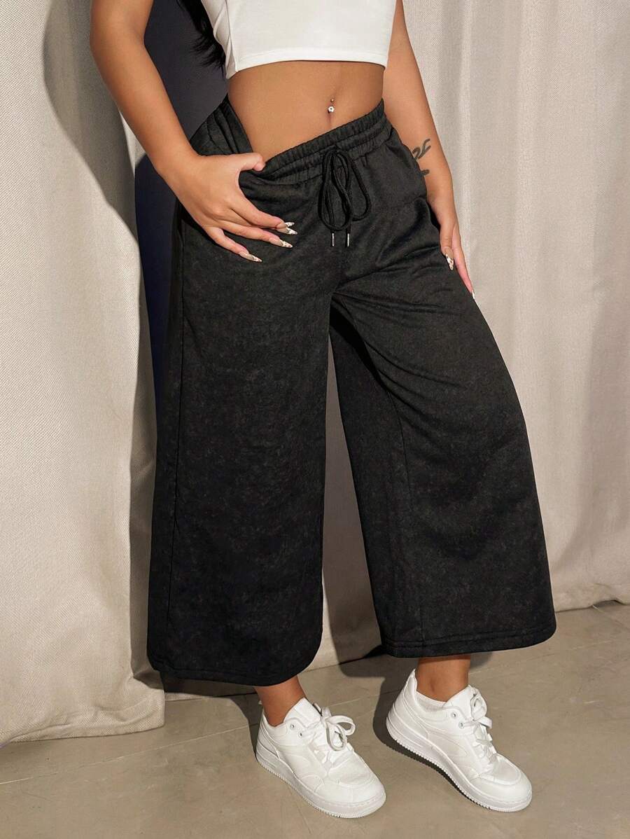 Zolique 女士休闲松紧腰抽绳阔腿裤 - 黑色 - 查看 1