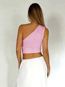 SHEIN EZwear Áo mùa hèÁo crop top nhún một bên vai - Hồng - Xem 2