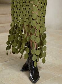 Anewsta Laser Cut Multi Circle Double Layered Skirt Maxi Women Outfit - Olive Green - View 6