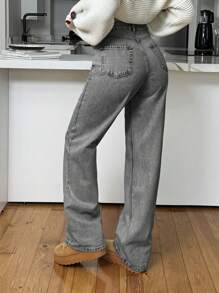 EURMUSE Women High Rise Zipper Fly Straight Leg Jeans - Light Grey - View 2