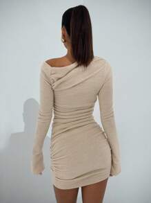 SHEIN BAE Damska asymetryczna marszczona sukienka mini z długimi rękawami, jesień - Kolor khaki - Zobacz 2