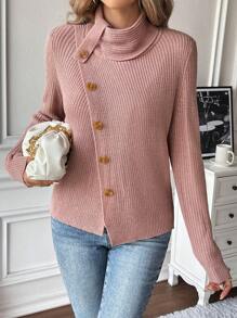 SHEIN LUNE Suéter de manga larga de unicolor, cuello alto y abotonado por delante